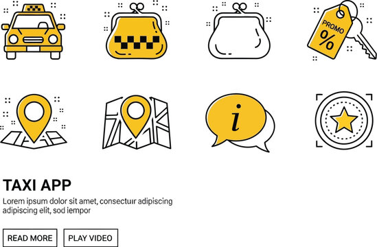 Taxi app icons feature transportation and navigation symbols alongside promotional offers for a modern mobile interface design.