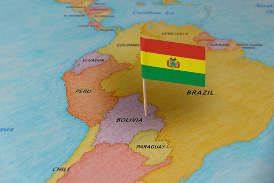  Bolivia flag pin marking Bolivia on South America map, travel destination concept
