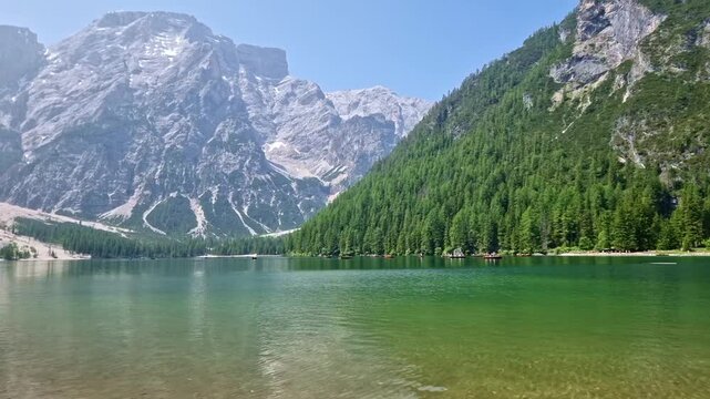The beautiful clear water of Lago di Braies in the Dolomites, South Tyrol, Italy