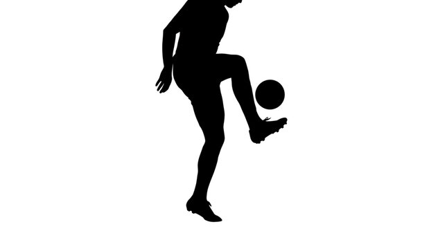 Silhouette of a soccer player juggling a ball isolated on white.
