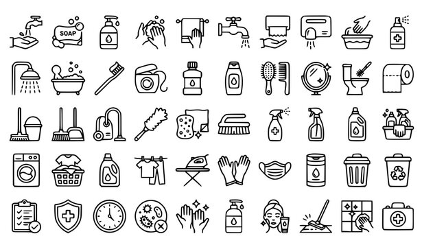 Large set of linear icons for housekeeping, bathroom supplies, and cleaning services.