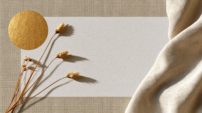 Golden sun disk and soft shadow on beige fabric with dried grass, minimal summer solstice background