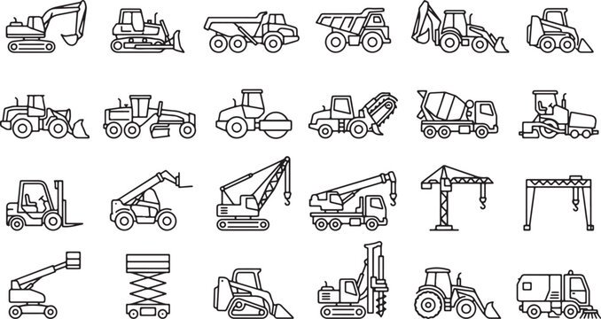 construction machinery line icons set black and white outline illustrations of heavy equipment