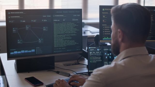 Rear view of male Caucasian specialist managing network system while sitting in front of computer screen with programming code in security center