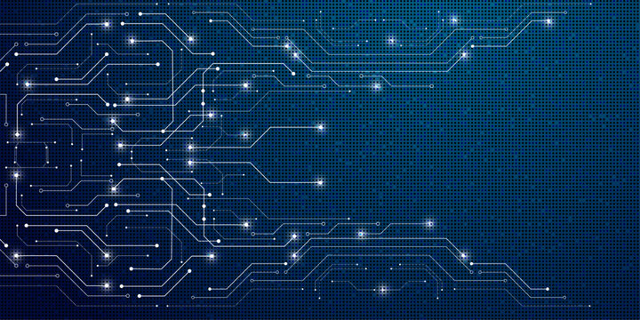 Glowing circuits pulse across a deep blue digital grid. Neon lines trace futuristic pathways with electric spark effects. Abstract tech design evokes innovation and digital connectivity