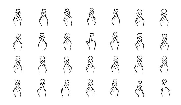 Various hand gestures of the small finger heart symbol in minimalist line art.