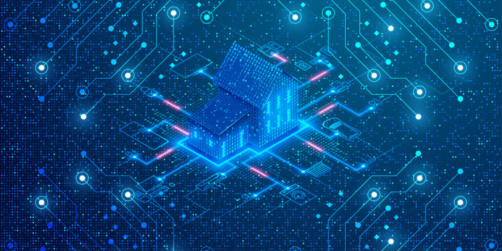 Digital house pulses with circuitry, glowing blue. Lines connect to data streams, symbolizing smart tech. Futuristic design evokes innovation and digital integration