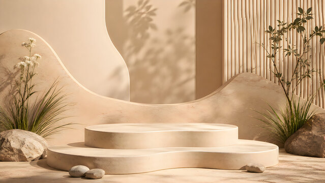 Pixelated beige podium with green plants and rocks