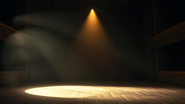 Empty theater stage with a solitary golden spotlight, creating a dramatic and mysterious ambiance.