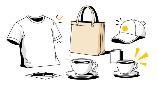 A collection of casual lifestyle items including a t-shirt, tote bag, coffee cups, and a cap in a modern flat style