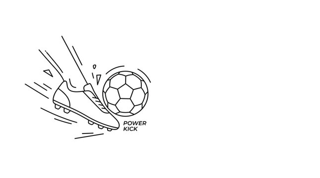Minimalist hand drawn line art illustration of a powerful football kick.