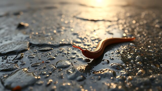 Earthworm moving across wet pavement after rain, close-up view.