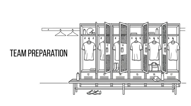 Hand drawn illustration of a sports team locker room interior with lockers and benches.