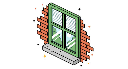 Obraz premium An isometric illustration of a green-framed window with a brick wall, featuring a view of nature