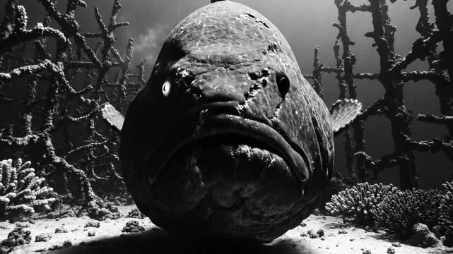 Black and white underwater cinematic view of a giant grouper fish staring directly at the viewer in its habitat