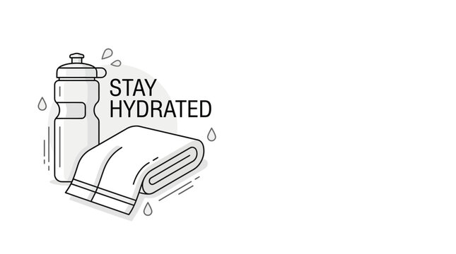 Stay hydrated conceptual outline illustration with water bottle and gym towel.