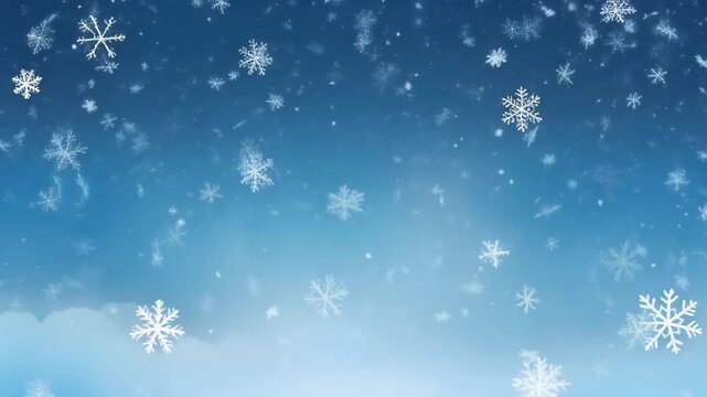 slow falling snowflakes with wide empty blue sky, perfect copy space at top, subtle snow motion, ultra realistic, 4k, 5 seconds, stable footage, clean background, no logo