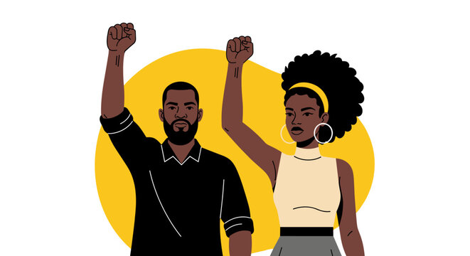 A powerful illustration of two individuals raising their fists in solidarity, featuring a modern flat style with bold colors