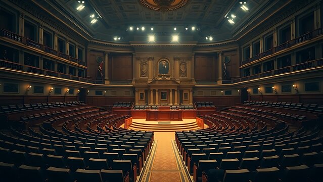 Empty parliamentary hall with rows of seats and a central podium.
