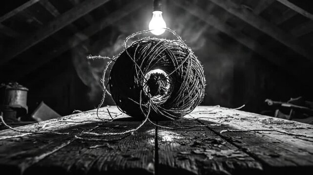 Spooky attic scene with a ball of twine lit by a single lightbulb evoking suspense and mystery