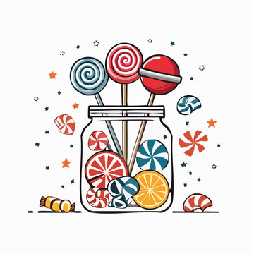 Jar of colorful lollipops and candies