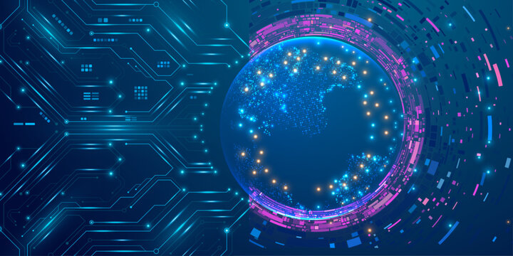 Digital circuitry wraps around a glowing sphere. Neon lights pulse through abstract data pathways. Blue and purple hues dominate the futuristic scene