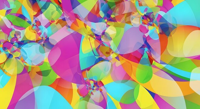 Abstract digital art featuring a vibrant, multi-colored composition of overlapping translucent shapes and forms creating a joyful and dynamic visual experience