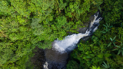 Aerial view of Beautiful Gomblang Waterfall in the middle of forest, Java, Indonesia. Dense waterfall with lush vegetation  © katakaneh