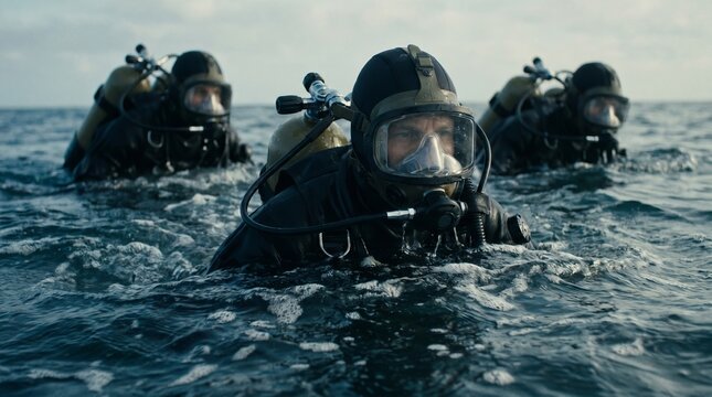 Three divers in full gear emerge from the choppy ocean water, their masks and tanks visible against the sky