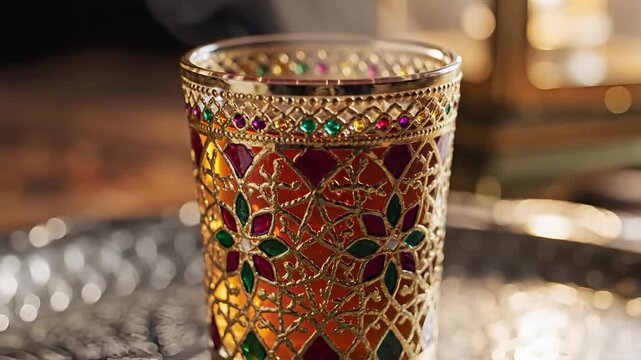 Ornate Moroccan Glass Tumbler with Intricate Metalwork and Jewels.