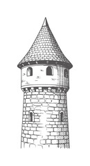 Obraz premium Vintage stone castle tower with conical roof and arched windows
