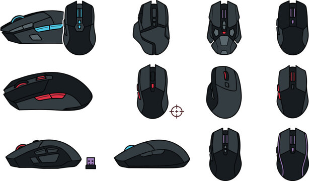 Professional Gaming Mouse Vector Collection with RGB Wireless Computer Accessories for Esports Technology and Modern Digital Device Interface Designs