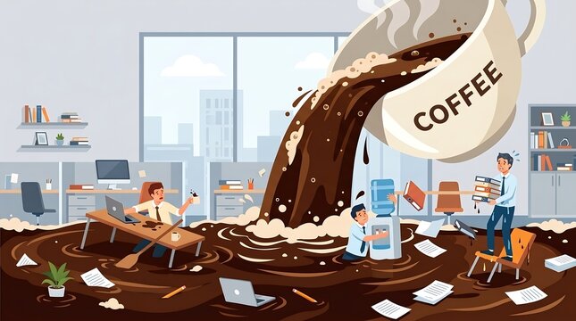 A humorous and surreal illustration of a massive coffee cup pouring a flood of coffee into a corporate office, with tiny employees reacting to the chaotic caffeine overflow
