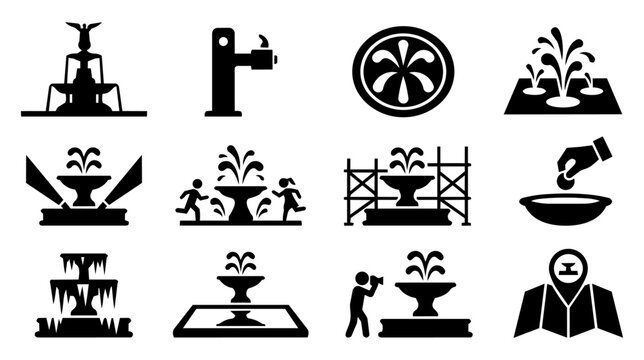 City Fountain and Public Water Feature Silhouette Icons Set