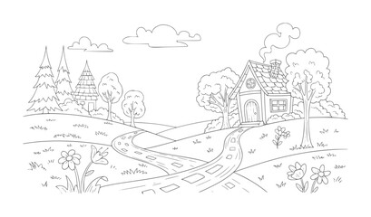 Obraz premium Whimsical cartoon landscape with a winding path leading to a storybook house trees