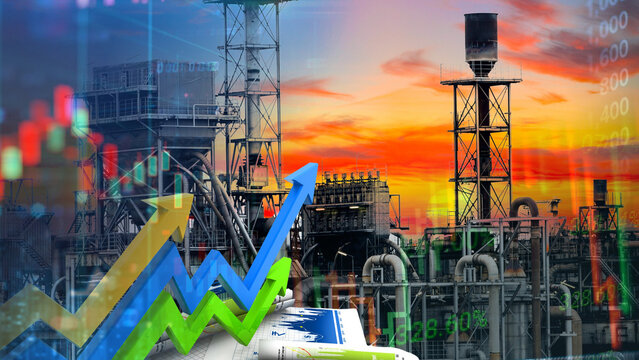 The growth of the industrial and energy production market is demonstrated with a heavy manufacturing plant superimposed with financial growth charts, upward-trending arrows, and data graphs 