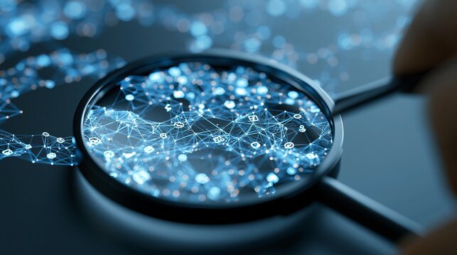 A magnifying glass reveals a complex network of connections and data points in a futuristic digital landscape