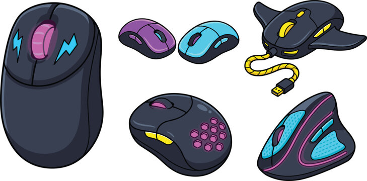 Creative Wireless Gaming Mouse Vector Set with Futuristic RGB Computer Accessories for Esports Technology and Modern Digital Device Branding