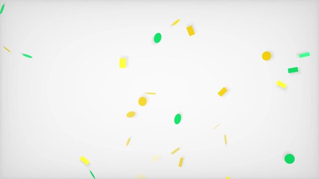 Colorful geometric confetti shapes falling and changing color against a white background