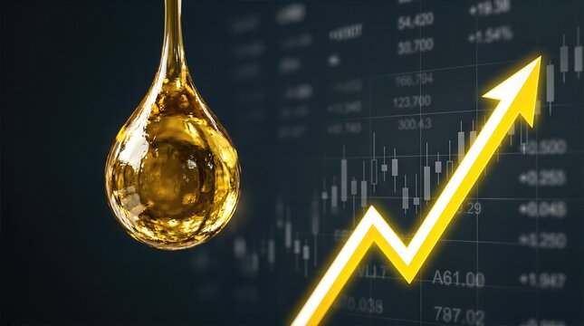 Oil droplet suspended above financial chart with upward trend line, representing rising oil prices and market fluctuations in the energy sector