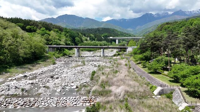 Quiet riverbed flows under a concrete bridge. Green hills frame distant mountains. Rail tracks run parallel to the river. Trees sway gently in the breeze. No people are present