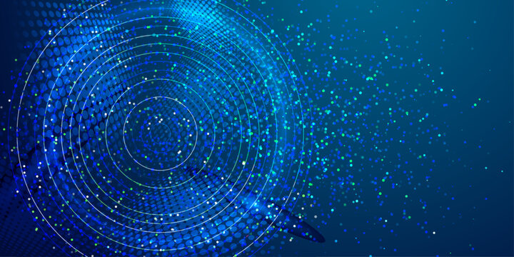 Circular radar interface with scattered digital particles on dark background.