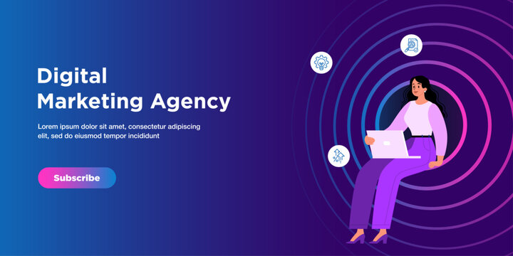 Modern digital marketing banner with female character sitting and holding a laptop illustration, blue gradient background, social media marketing concept, SEO, analytics, and online business promotion