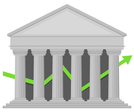 Classical bank building with a rising green arrow chart symbolizing financial success, economic recovery, investment growth, and banking stability. (cut out)