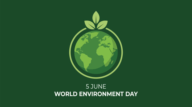 World environment day concept illustration with a green globe and leaves on a dark green background, vector design for environmental awareness