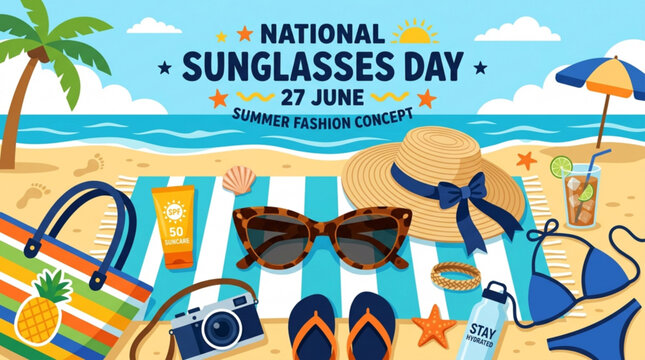 Beach accessories for summer fashion concept with sunglasses hat sunscreen and flip flops on striped towel