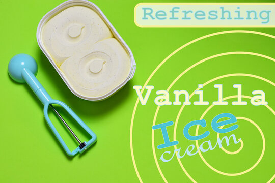 Vanilla ice cream, zenith view and green background.