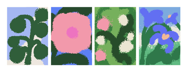 Obraz premium Blur flower posters set. Floral backgrounds, modern textures with noise, grain effect. Botanical and nature card designs with blurry hazy grainy soft abstract plants. Flat vector illustrations