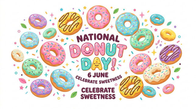 Colorful donuts with sprinkles celebrate national donut day on june 6th with sweet treats and festive decorations