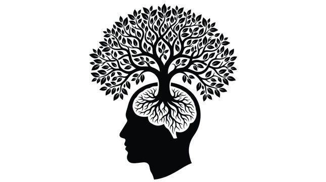 Black silhouette of a human head with a tree growing from the brain inside it